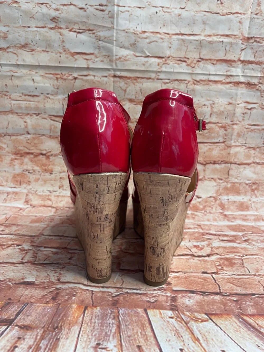 Forever 21 Red Peep Toe Ulta High Patent Leather Wedges with Cork Platform